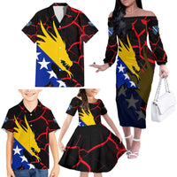 Bosnia and Herzegovina Flag Family Matching Off The Shoulder Long Sleeve Dress and Hawaiian Shirt with Dragon Shape - Fusion of National Pride & Sports Spirit