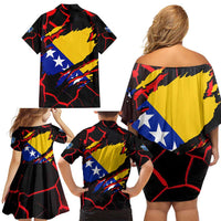 Bosnia and Herzegovina Flag Family Matching Off Shoulder Short Dress and Hawaiian Shirt with Dragon Shape - Fusion of National Pride & Sports Spirit
