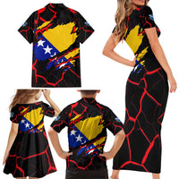 Bosnia and Herzegovina Flag Family Matching Short Sleeve Bodycon Dress and Hawaiian Shirt with Dragon Shape - Fusion of National Pride & Sports Spirit