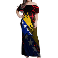 Bosnia and Herzegovina Flag Off Shoulder Maxi Dress with Dragon Shape - Fusion of National Pride & Sports Spirit