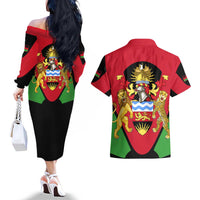 Malawi Flag Couples Matching Off The Shoulder Long Sleeve Dress and Hawaiian Shirt Colors Blended with National Emblem - Symbolic Design