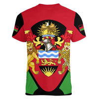 Malawi Flag Women V-Neck T-Shirt Colors Blended with National Emblem - Symbolic Design