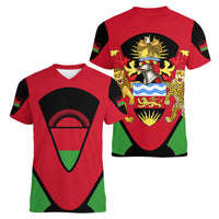 Malawi Flag Women V-Neck T-Shirt Colors Blended with National Emblem - Symbolic Design