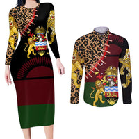 Malawi Couples Matching Long Sleeve Bodycon Dress and Long Sleeve Button Shirt Coat of Arms & Leopard Print - Unique Motif Fusion