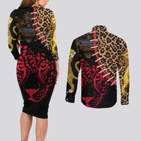 Malawi Couples Matching Long Sleeve Bodycon Dress and Long Sleeve Button Shirt Coat of Arms & Leopard Print - Unique Motif Fusion