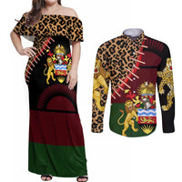 Malawi Couples Matching Off Shoulder Maxi Dress and Long Sleeve Button Shirt Coat of Arms & Leopard Print - Unique Motif Fusion