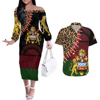 Malawi Couples Matching Off The Shoulder Long Sleeve Dress and Hawaiian Shirt Coat of Arms & Leopard Print - Unique Motif Fusion