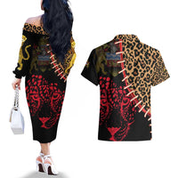 Malawi Couples Matching Off The Shoulder Long Sleeve Dress and Hawaiian Shirt Coat of Arms & Leopard Print - Unique Motif Fusion