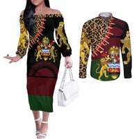 Malawi Couples Matching Off The Shoulder Long Sleeve Dress and Long Sleeve Button Shirt Coat of Arms & Leopard Print - Unique Motif Fusion