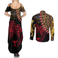 Malawi Couples Matching Summer Maxi Dress and Long Sleeve Button Shirt Coat of Arms & Leopard Print - Unique Motif Fusion