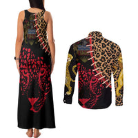 Malawi Couples Matching Tank Maxi Dress and Long Sleeve Button Shirt Coat of Arms & Leopard Print - Unique Motif Fusion