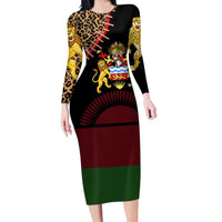 Malawi Long Sleeve Bodycon Dress Coat of Arms & Leopard Print - Unique Motif Fusion
