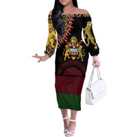 Malawi Off The Shoulder Long Sleeve Dress Coat of Arms & Leopard Print - Unique Motif Fusion