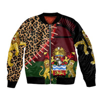 Malawi Sleeve Zip Bomber Jacket Coat of Arms & Leopard Print - Unique Motif Fusion