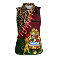 Malawi Women Sleeveless Polo Shirt Coat of Arms & Leopard Print - Unique Motif Fusion