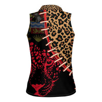 Malawi Women Sleeveless Polo Shirt Coat of Arms & Leopard Print - Unique Motif Fusion