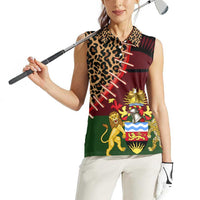 Malawi Women Sleeveless Polo Shirt Coat of Arms & Leopard Print - Unique Motif Fusion