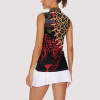 Malawi Women Sleeveless Polo Shirt Coat of Arms & Leopard Print - Unique Motif Fusion