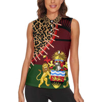 Malawi Women Sleeveless Polo Shirt Coat of Arms & Leopard Print - Unique Motif Fusion