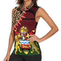 Malawi Women Sleeveless Polo Shirt Coat of Arms & Leopard Print - Unique Motif Fusion