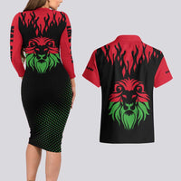 Malawi Map Shaped Lion Couples Matching Long Sleeve Bodycon Dress and Hawaiian Shirt Unique Country and Wildlife Fusion Design