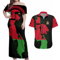 Malawi Map Shaped Lion Couples Matching Off Shoulder Maxi Dress and Hawaiian Shirt Unique Country and Wildlife Fusion Design