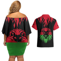 Malawi Map Shaped Lion Couples Matching Off Shoulder Short Dress and Hawaiian Shirt Unique Country and Wildlife Fusion Design