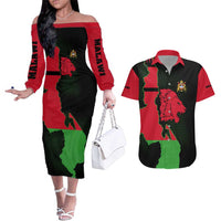 Malawi Map Shaped Lion Couples Matching Off The Shoulder Long Sleeve Dress and Hawaiian Shirt Unique Country and Wildlife Fusion Design