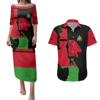 Malawi Map Shaped Lion Couples Matching Puletasi and Hawaiian Shirt Unique Country and Wildlife Fusion Design