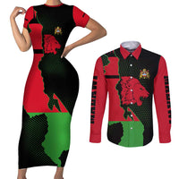 Malawi Map Shaped Lion Couples Matching Short Sleeve Bodycon Dress and Long Sleeve Button Shirt Unique Country and Wildlife Fusion Design