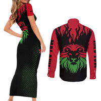 Malawi Map Shaped Lion Couples Matching Short Sleeve Bodycon Dress and Long Sleeve Button Shirt Unique Country and Wildlife Fusion Design