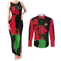 Malawi Map Shaped Lion Couples Matching Tank Maxi Dress and Long Sleeve Button Shirt Unique Country and Wildlife Fusion Design