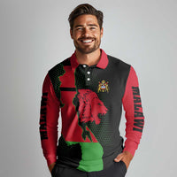 Malawi Map Shaped Lion Long Sleeve Polo Shirt Unique Country and Wildlife Fusion Design