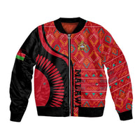 Malawi Patterns Bomber Jacket Blended with Flag Colors & National Emblem - Cultural Fusion Design
