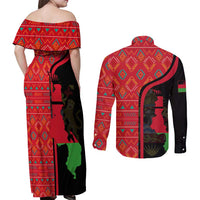 Malawi Patterns Couples Matching Off Shoulder Maxi Dress and Long Sleeve Button Shirt Blended with Flag Colors & National Emblem - Cultural Fusion Design