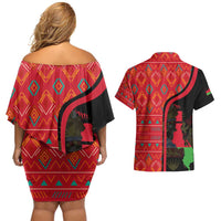 Malawi Patterns Couples Matching Off Shoulder Short Dress and Hawaiian Shirt Blended with Flag Colors & National Emblem - Cultural Fusion Design
