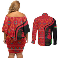 Malawi Patterns Couples Matching Off Shoulder Short Dress and Long Sleeve Button Shirt Blended with Flag Colors & National Emblem - Cultural Fusion Design