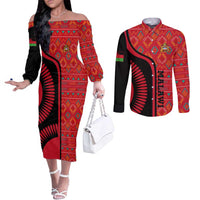 Malawi Patterns Couples Matching Off The Shoulder Long Sleeve Dress and Long Sleeve Button Shirt Blended with Flag Colors & National Emblem - Cultural Fusion Design