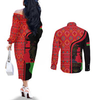 Malawi Patterns Couples Matching Off The Shoulder Long Sleeve Dress and Long Sleeve Button Shirt Blended with Flag Colors & National Emblem - Cultural Fusion Design
