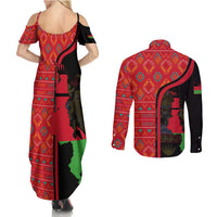 Malawi Patterns Couples Matching Summer Maxi Dress and Long Sleeve Button Shirt Blended with Flag Colors & National Emblem - Cultural Fusion Design