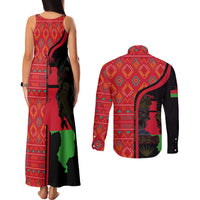 Malawi Patterns Couples Matching Tank Maxi Dress and Long Sleeve Button Shirt Blended with Flag Colors & National Emblem - Cultural Fusion Design