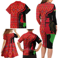 Malawi Patterns Family Matching Long Sleeve Bodycon Dress and Hawaiian Shirt Blended with Flag Colors & National Emblem - Cultural Fusion Design