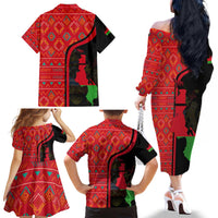 Malawi Patterns Family Matching Off The Shoulder Long Sleeve Dress and Hawaiian Shirt Blended with Flag Colors & National Emblem - Cultural Fusion Design