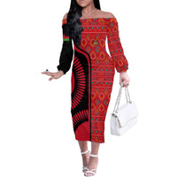 Malawi Patterns Family Matching Off The Shoulder Long Sleeve Dress and Hawaiian Shirt Blended with Flag Colors & National Emblem - Cultural Fusion Design