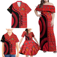 Malawi Patterns Family Matching Off Shoulder Maxi Dress and Hawaiian Shirt Blended with Flag Colors & National Emblem - Cultural Fusion Design