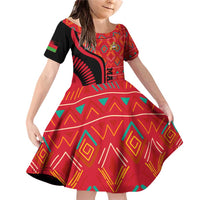 Malawi Patterns Family Matching Off Shoulder Short Dress and Hawaiian Shirt Blended with Flag Colors & National Emblem - Cultural Fusion Design