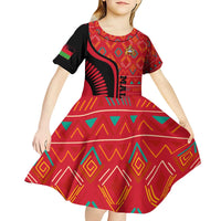 Malawi Patterns Kid Short Sleeve Dress Blended with Flag Colors & National Emblem - Cultural Fusion Design