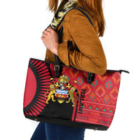 Malawi Patterns Leather Tote Bag Blended with Flag Colors & National Emblem - Cultural Fusion Design