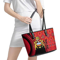 Malawi Patterns Leather Tote Bag Blended with Flag Colors & National Emblem - Cultural Fusion Design