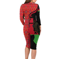 Malawi Patterns Long Sleeve Bodycon Dress Blended with Flag Colors & National Emblem - Cultural Fusion Design